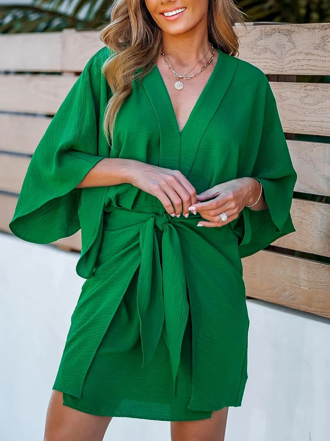 CUPSHE Women's V Neck Summer Dress 3/4 Kimono Sleeve Self Tie Pleated Loose Slit Mini Casual Dress