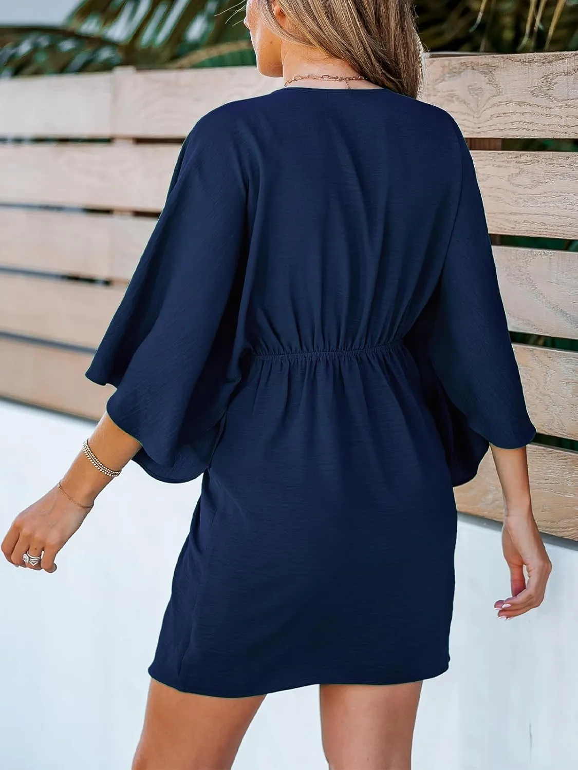 CUPSHE Women's V Neck Summer Dress 3/4 Kimono Sleeve Self Tie Pleated Loose Slit Mini Casual Dress