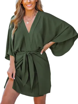 CUPSHE Women's V Neck Summer Dress 3/4 Kimono Sleeve Self Tie Pleated Loose Slit Mini Casual Dress