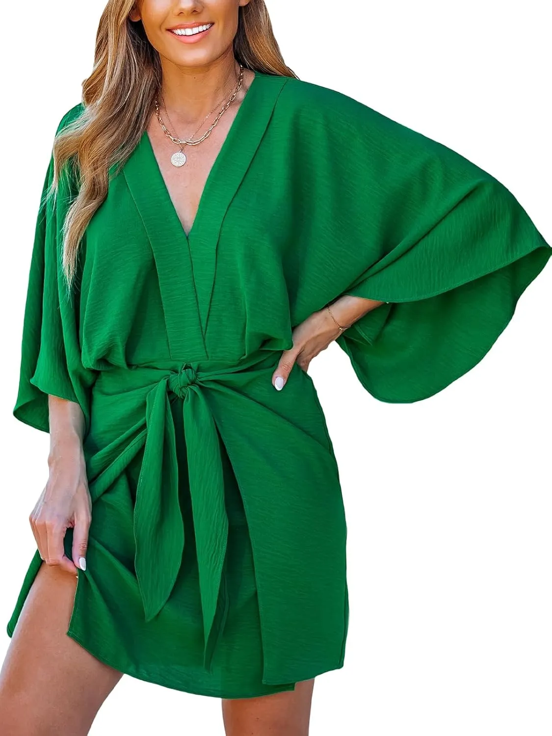 CUPSHE Women's V Neck Summer Dress 3/4 Kimono Sleeve Self Tie Pleated Loose Slit Mini Casual Dress