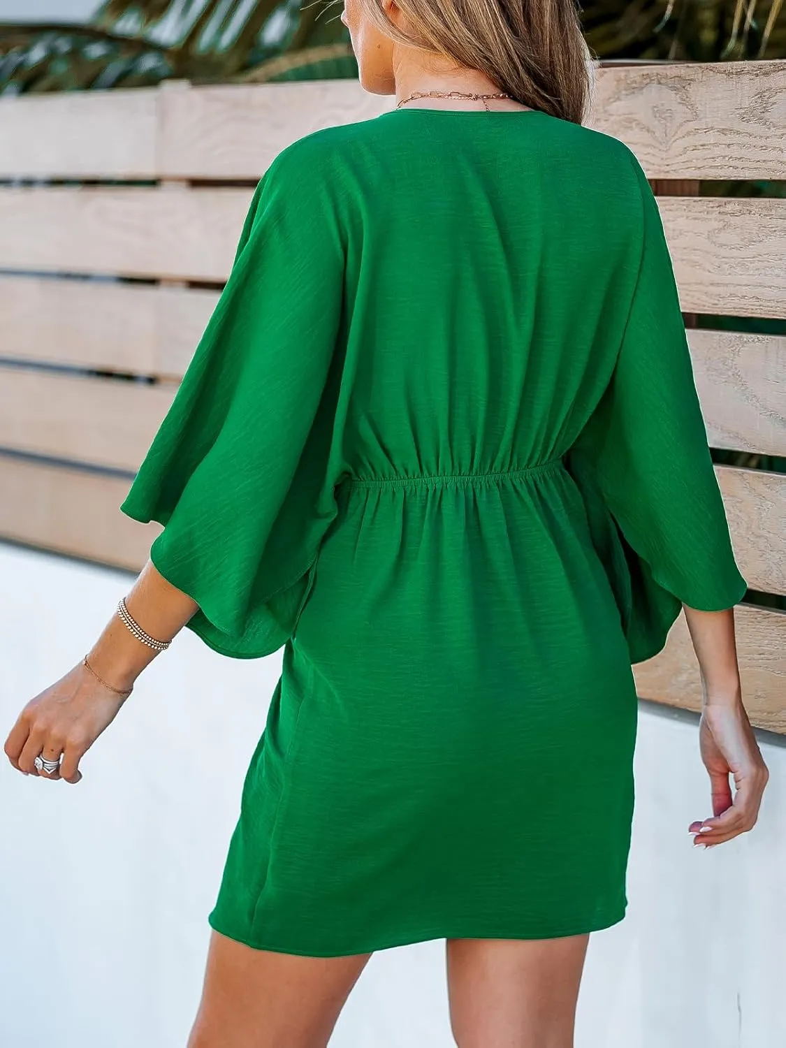 CUPSHE Women's V Neck Summer Dress 3/4 Kimono Sleeve Self Tie Pleated Loose Slit Mini Casual Dress