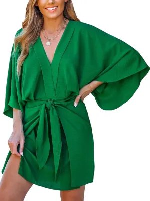 CUPSHE Women's V Neck Summer Dress 3/4 Kimono Sleeve Self Tie Pleated Loose Slit Mini Casual Dress