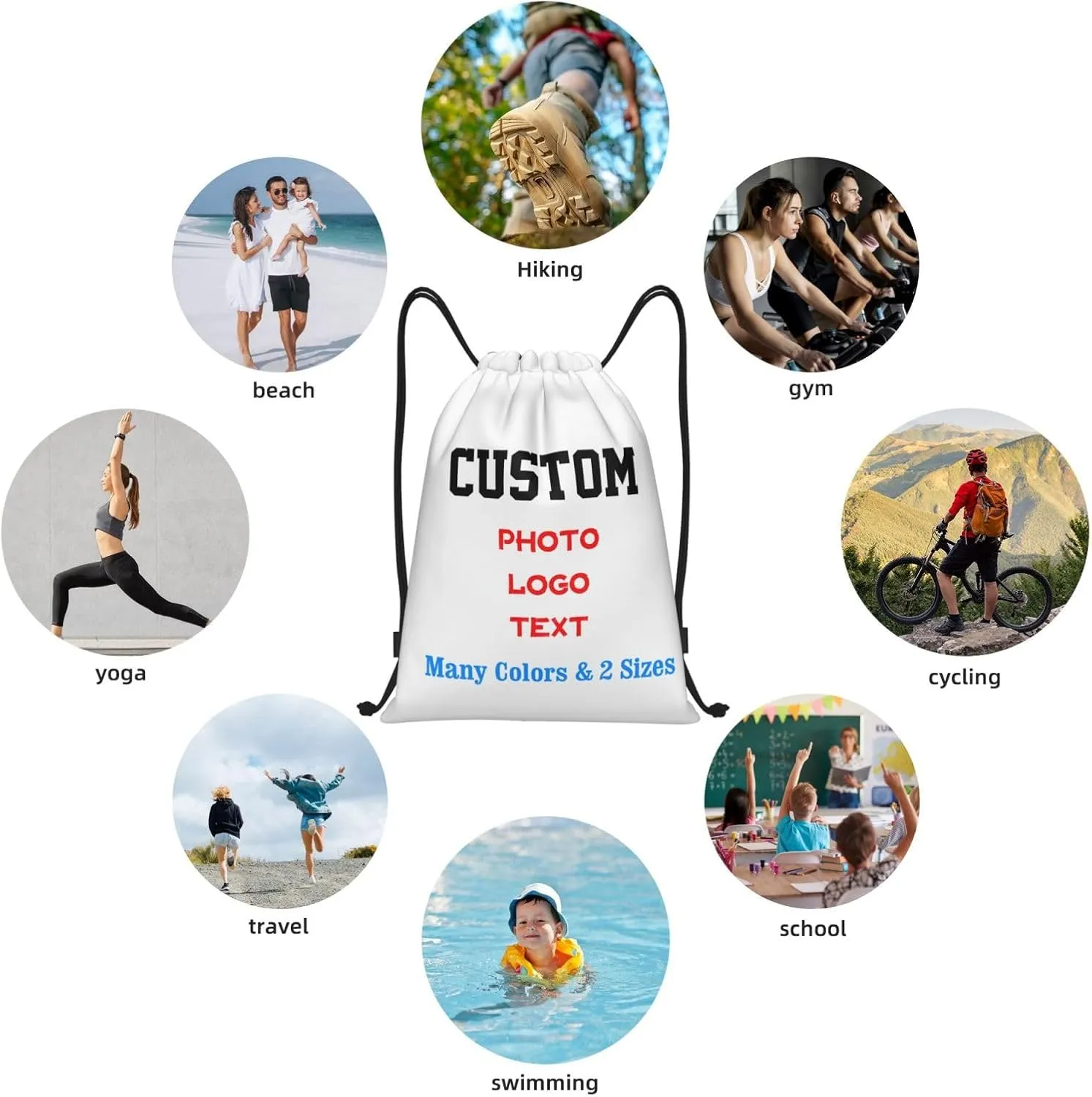 Customized Drawstring Bags with Your Own Design Photo/Logo/Text, Personalized Drawstring Backpack Sports String Bag Sport Gym Shoulders Rucksack for Kids Boys Girls Adults Women Men, Small