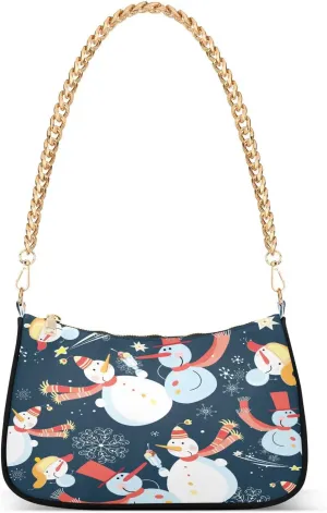Cute Snowman Cartoon Shoulder Handbags for Women Travel Hobo Tote Handbag Women Gold Chain Shoulder Bags Purse with Zipper Closure