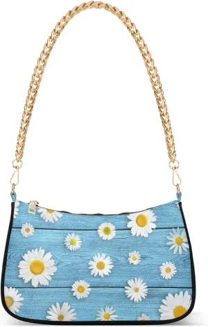 Daisies on Wooden Board Shoulder Handbags for Women Travel Hobo Tote Handbag Women Gold Chain Shoulder Bags Purse with Zipper Closure