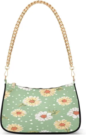 Daisy Flowers Shoulder Handbags for Women Travel Hobo Tote Handbag Women Gold Chain Shoulder Bags Purse with Zipper Closure