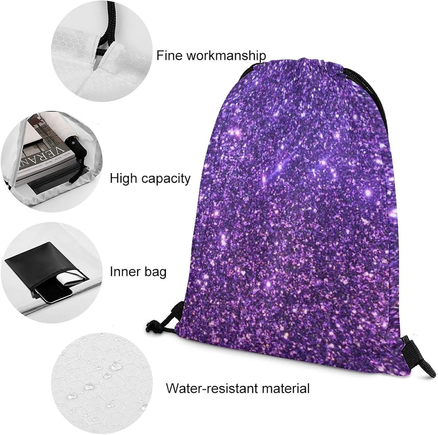 Dark Purple Glitter Lightweight Drawstring Backpack - Your Ideal Soccer Bag, Swim Bag And Gym Bag, 35*42cm, Style-19-1