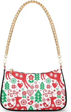 Deer Christmas Tree Shoulder Handbags for Women Travel Hobo Tote Handbag Women Gold Chain Shoulder Bags Purse with Zipper Closure