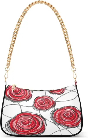 Design Red Rose Shoulder Handbags for Women Travel Hobo Tote Handbag Women Gold Chain Shoulder Bags Purse with Zipper Closure