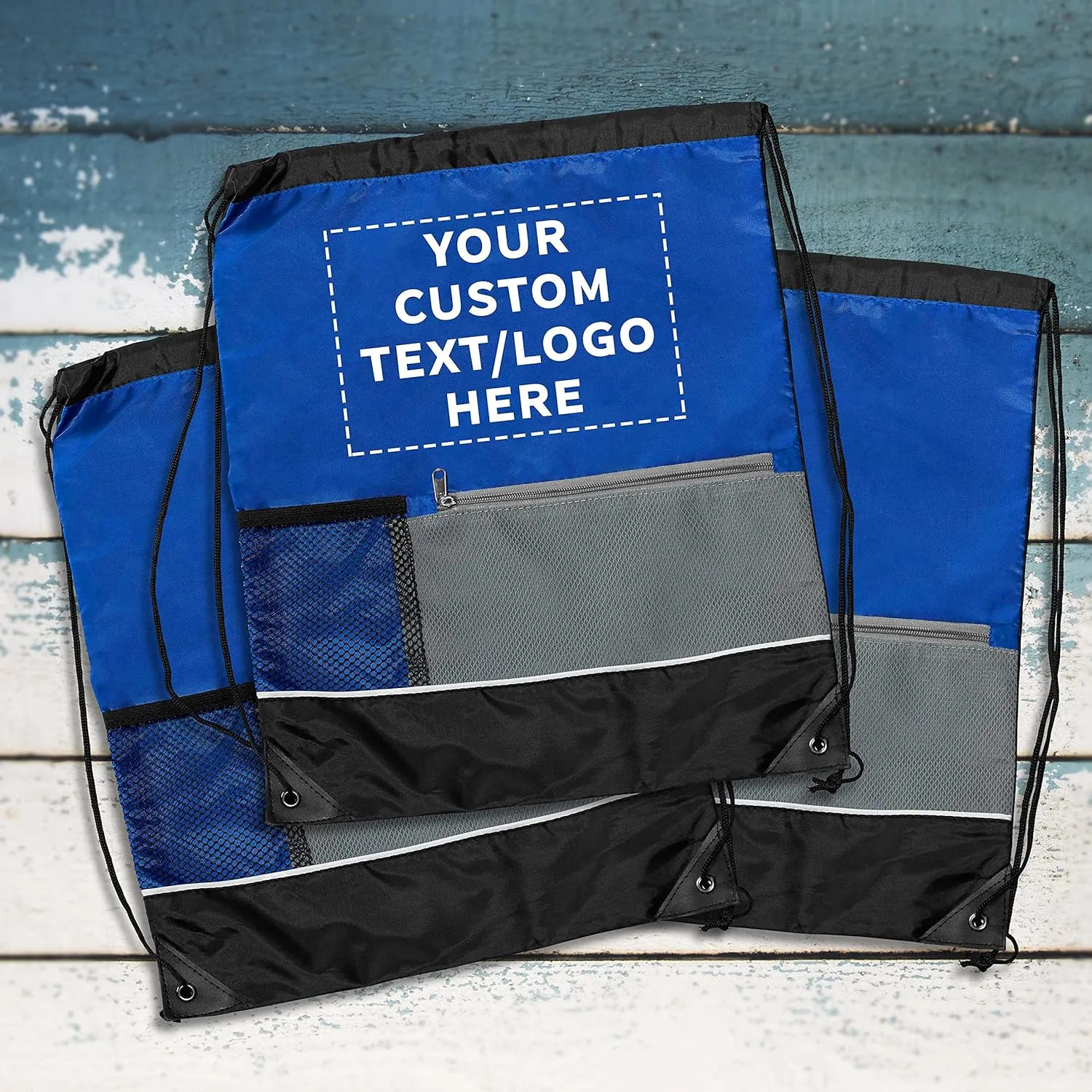 DISCOUNT PROMOS Custom Front Pocket Drawstring Backpacks Set of 10, Personalized Bulk Pack - Reusable Bags, Lightweight Backpacks, Sports Drawstring Bags, Promotional Drawstring Bags - Blue