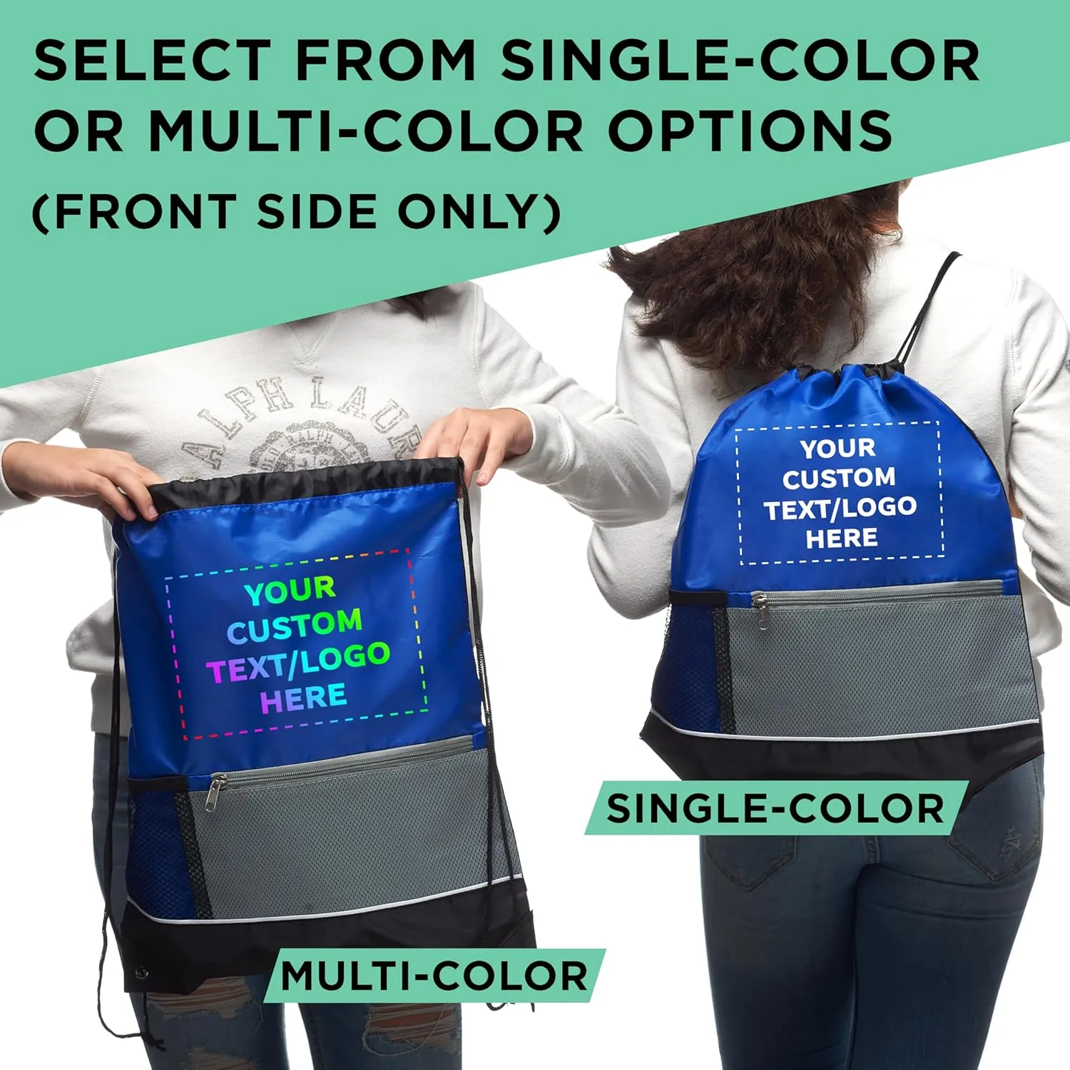 DISCOUNT PROMOS Custom Front Pocket Drawstring Backpacks Set of 10, Personalized Bulk Pack - Reusable Bags, Lightweight Backpacks, Sports Drawstring Bags, Promotional Drawstring Bags - Blue
