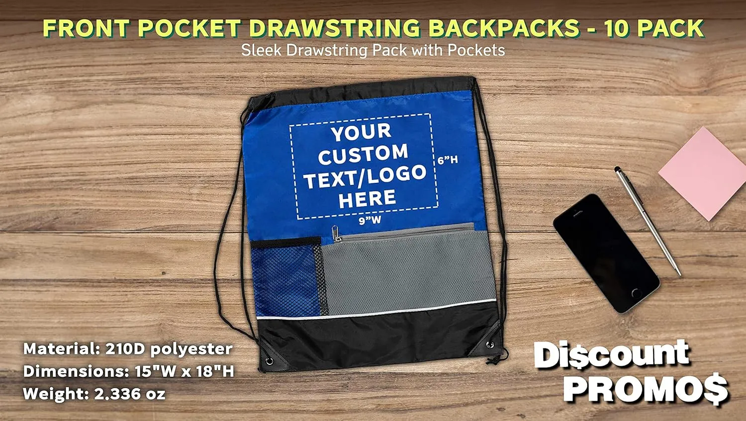 DISCOUNT PROMOS Custom Front Pocket Drawstring Backpacks Set of 10, Personalized Bulk Pack - Reusable Bags, Lightweight Backpacks, Sports Drawstring Bags, Promotional Drawstring Bags - Blue