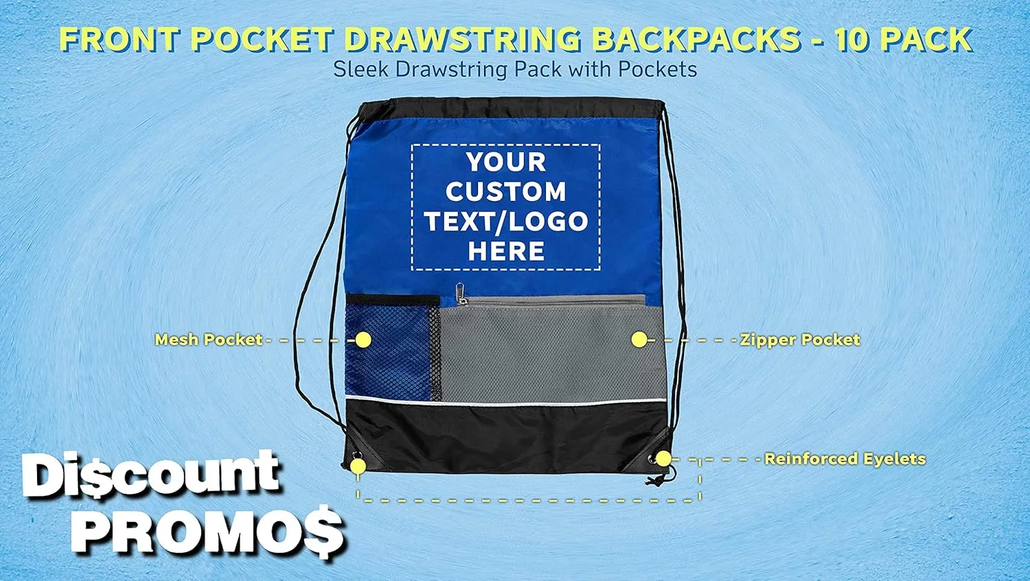 DISCOUNT PROMOS Custom Front Pocket Drawstring Backpacks Set of 10, Personalized Bulk Pack - Reusable Bags, Lightweight Backpacks, Sports Drawstring Bags, Promotional Drawstring Bags - Blue