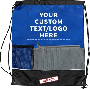 DISCOUNT PROMOS Custom Front Pocket Drawstring Backpacks Set of 10, Personalized Bulk Pack - Reusable Bags, Lightweight Backpacks, Sports Drawstring Bags, Promotional Drawstring Bags - Blue