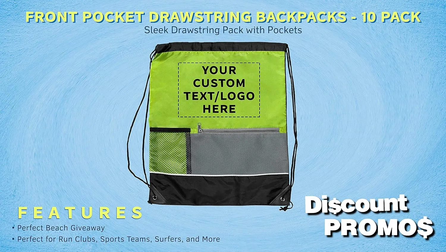 DISCOUNT PROMOS Custom Front Pocket Drawstring Backpacks Set of 10, Personalized Bulk Pack - Reusable Bags, Lightweight Backpacks, Sports Drawstring Bags, Promotional Drawstring Bags - Lime Green