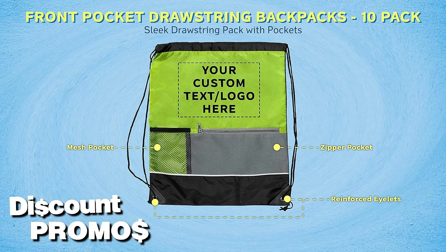 DISCOUNT PROMOS Custom Front Pocket Drawstring Backpacks Set of 10, Personalized Bulk Pack - Reusable Bags, Lightweight Backpacks, Sports Drawstring Bags, Promotional Drawstring Bags - Lime Green