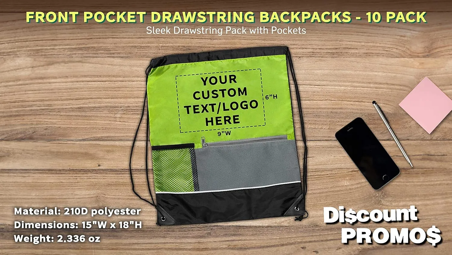 DISCOUNT PROMOS Custom Front Pocket Drawstring Backpacks Set of 10, Personalized Bulk Pack - Reusable Bags, Lightweight Backpacks, Sports Drawstring Bags, Promotional Drawstring Bags - Lime Green