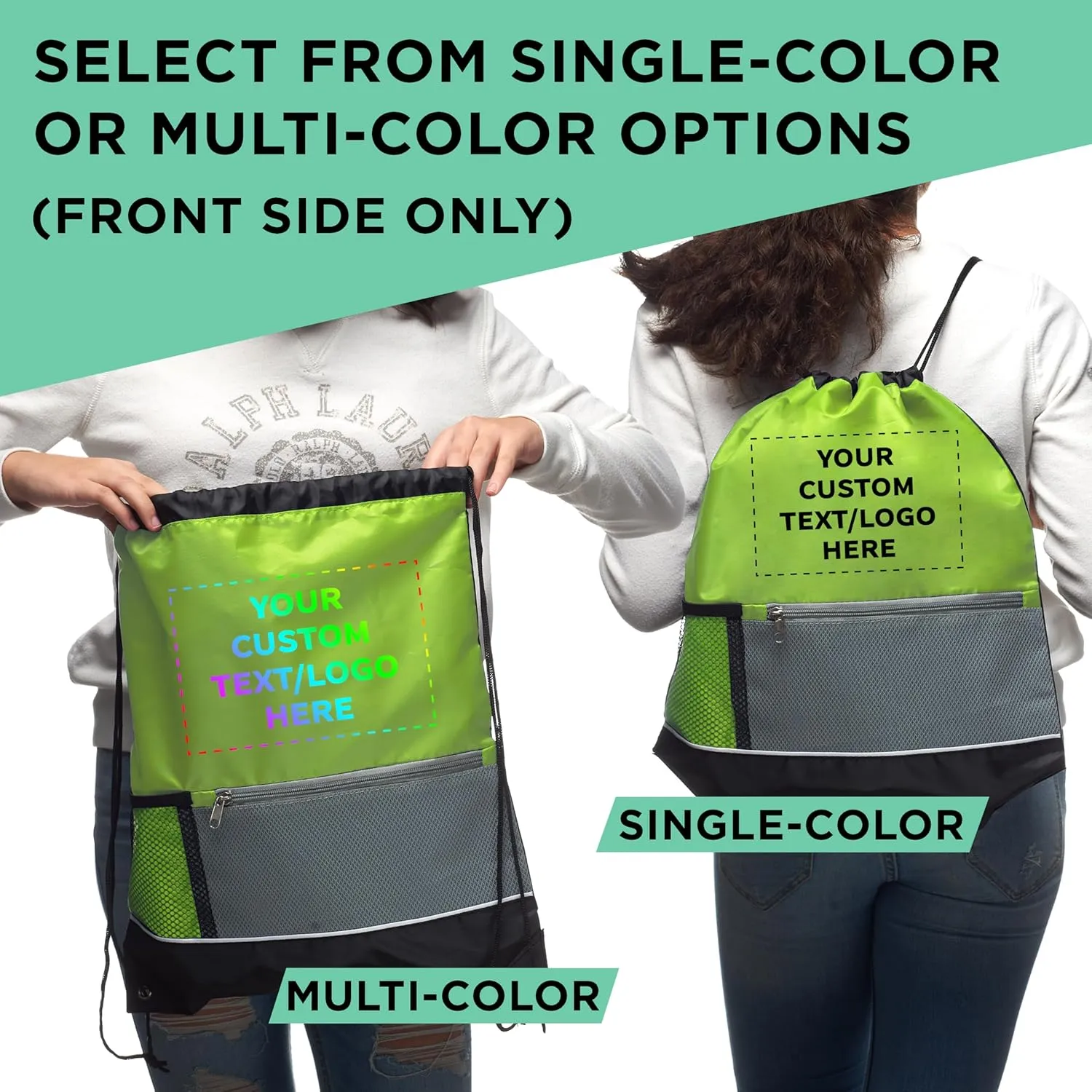 DISCOUNT PROMOS Custom Front Pocket Drawstring Backpacks Set of 10, Personalized Bulk Pack - Reusable Bags, Lightweight Backpacks, Sports Drawstring Bags, Promotional Drawstring Bags - Lime Green
