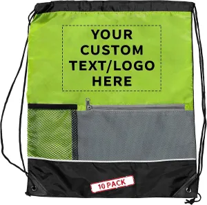 DISCOUNT PROMOS Custom Front Pocket Drawstring Backpacks Set of 10, Personalized Bulk Pack - Reusable Bags, Lightweight Backpacks, Sports Drawstring Bags, Promotional Drawstring Bags - Lime Green