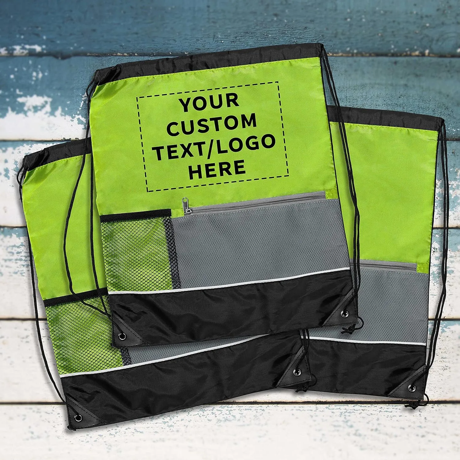 DISCOUNT PROMOS Custom Front Pocket Drawstring Backpacks Set of 10, Personalized Bulk Pack - Reusable Bags, Lightweight Backpacks, Sports Drawstring Bags, Promotional Drawstring Bags - Lime Green