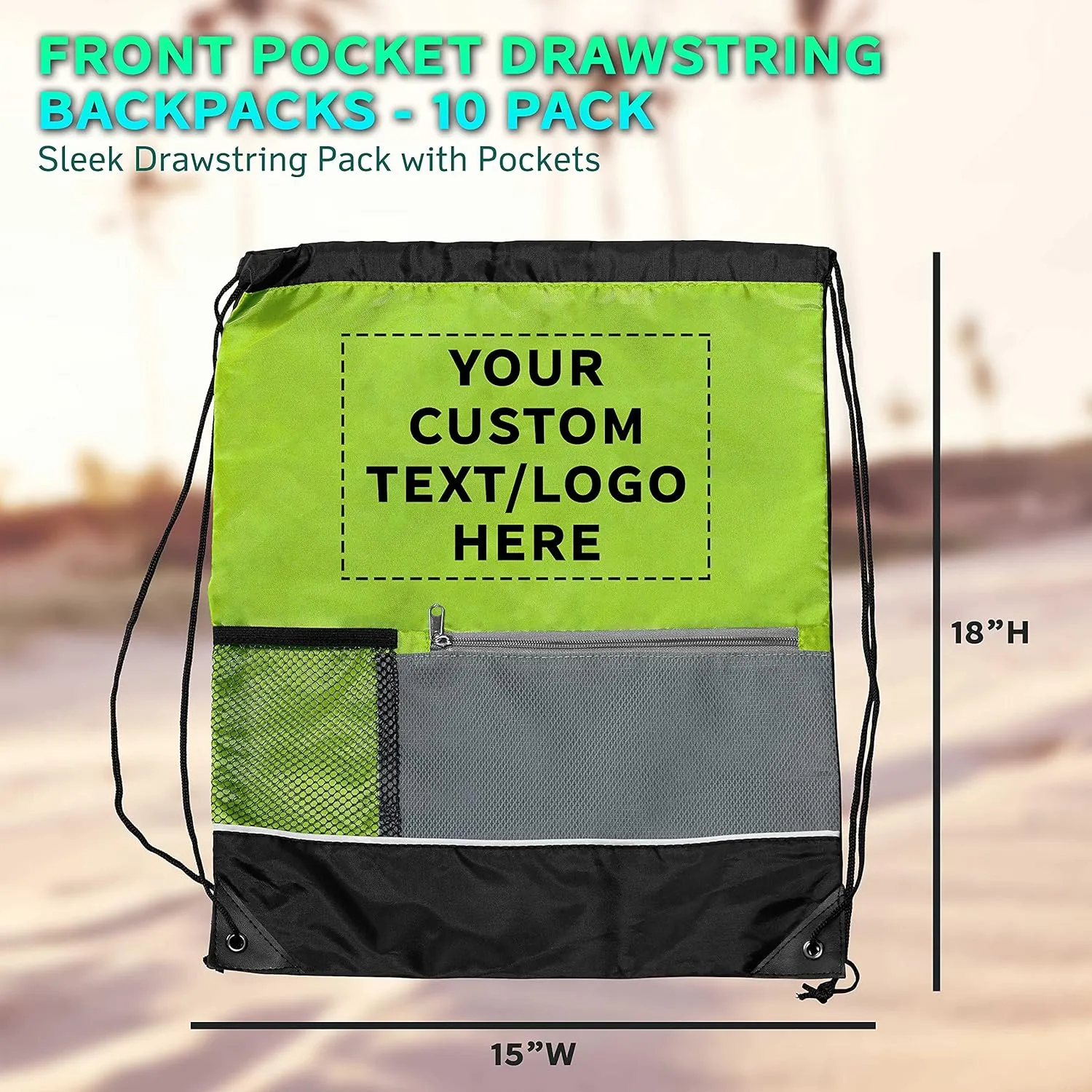 DISCOUNT PROMOS Custom Front Pocket Drawstring Backpacks Set of 10, Personalized Bulk Pack - Reusable Bags, Lightweight Backpacks, Sports Drawstring Bags, Promotional Drawstring Bags - Lime Green