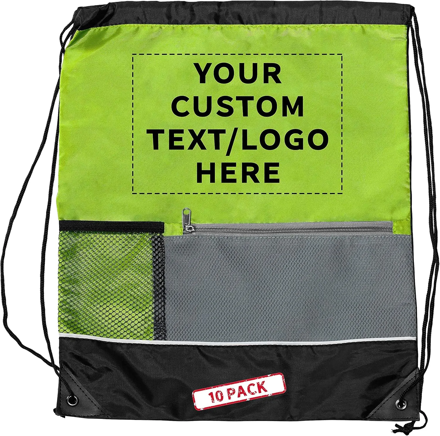 DISCOUNT PROMOS Custom Front Pocket Drawstring Backpacks Set of 10, Personalized Bulk Pack - Reusable Bags, Lightweight Backpacks, Sports Drawstring Bags, Promotional Drawstring Bags - Lime Green