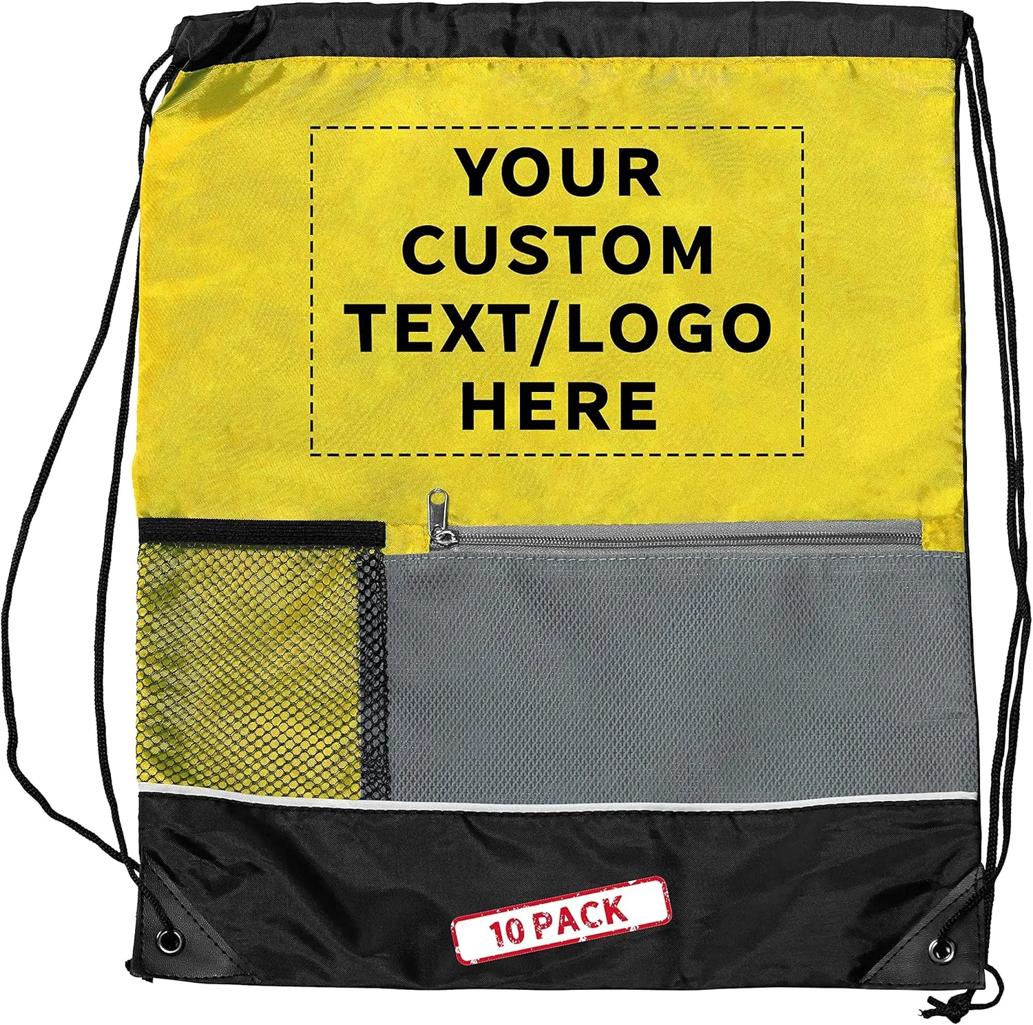 DISCOUNT PROMOS Custom Front Pocket Drawstring Backpacks Set of 10, Personalized Bulk Pack - Reusable Bags, Lightweight Backpacks, Sports Drawstring Bags, Promotional Drawstring Bags - Yellow