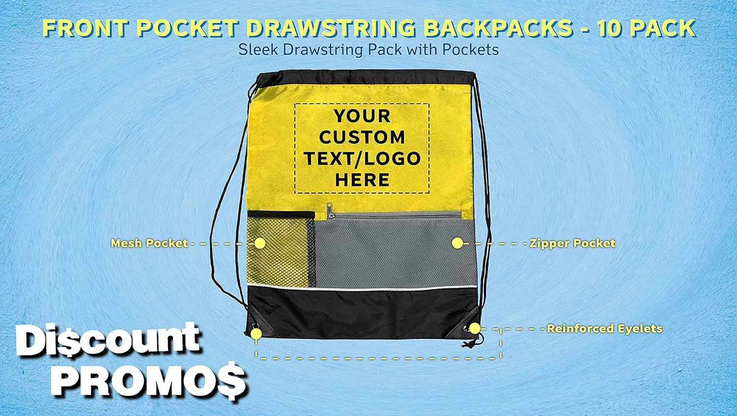 DISCOUNT PROMOS Custom Front Pocket Drawstring Backpacks Set of 10, Personalized Bulk Pack - Reusable Bags, Lightweight Backpacks, Sports Drawstring Bags, Promotional Drawstring Bags - Yellow
