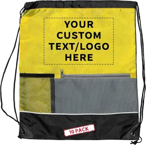 DISCOUNT PROMOS Custom Front Pocket Drawstring Backpacks Set of 10, Personalized Bulk Pack - Reusable Bags, Lightweight Backpacks, Sports Drawstring Bags, Promotional Drawstring Bags - Yellow