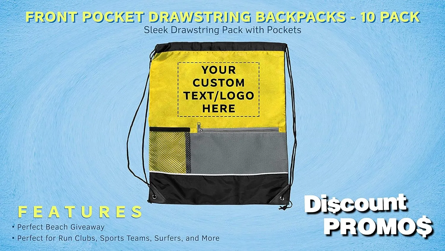 DISCOUNT PROMOS Custom Front Pocket Drawstring Backpacks Set of 10, Personalized Bulk Pack - Reusable Bags, Lightweight Backpacks, Sports Drawstring Bags, Promotional Drawstring Bags - Yellow