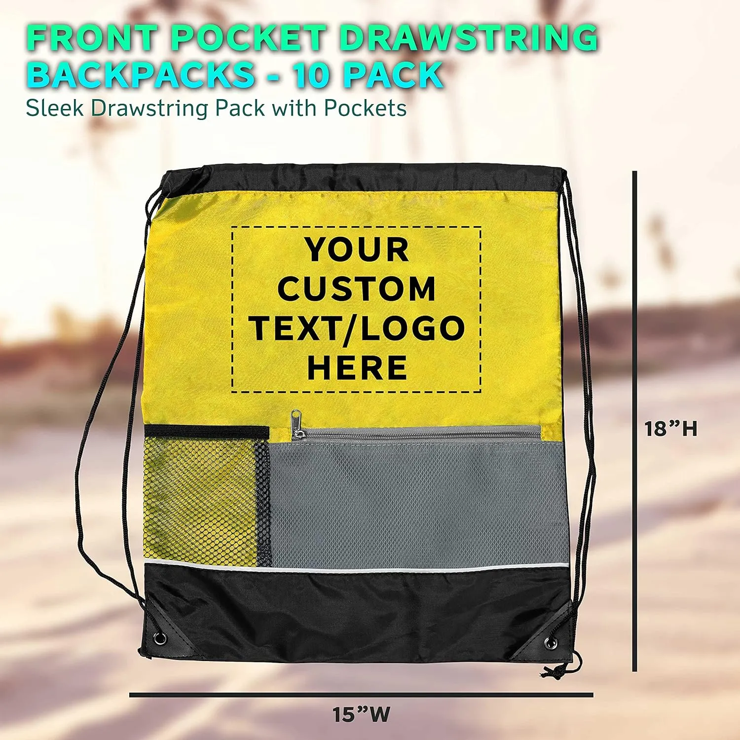 DISCOUNT PROMOS Custom Front Pocket Drawstring Backpacks Set of 10, Personalized Bulk Pack - Reusable Bags, Lightweight Backpacks, Sports Drawstring Bags, Promotional Drawstring Bags - Yellow