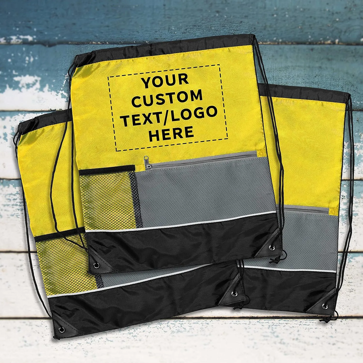 DISCOUNT PROMOS Custom Front Pocket Drawstring Backpacks Set of 10, Personalized Bulk Pack - Reusable Bags, Lightweight Backpacks, Sports Drawstring Bags, Promotional Drawstring Bags - Yellow