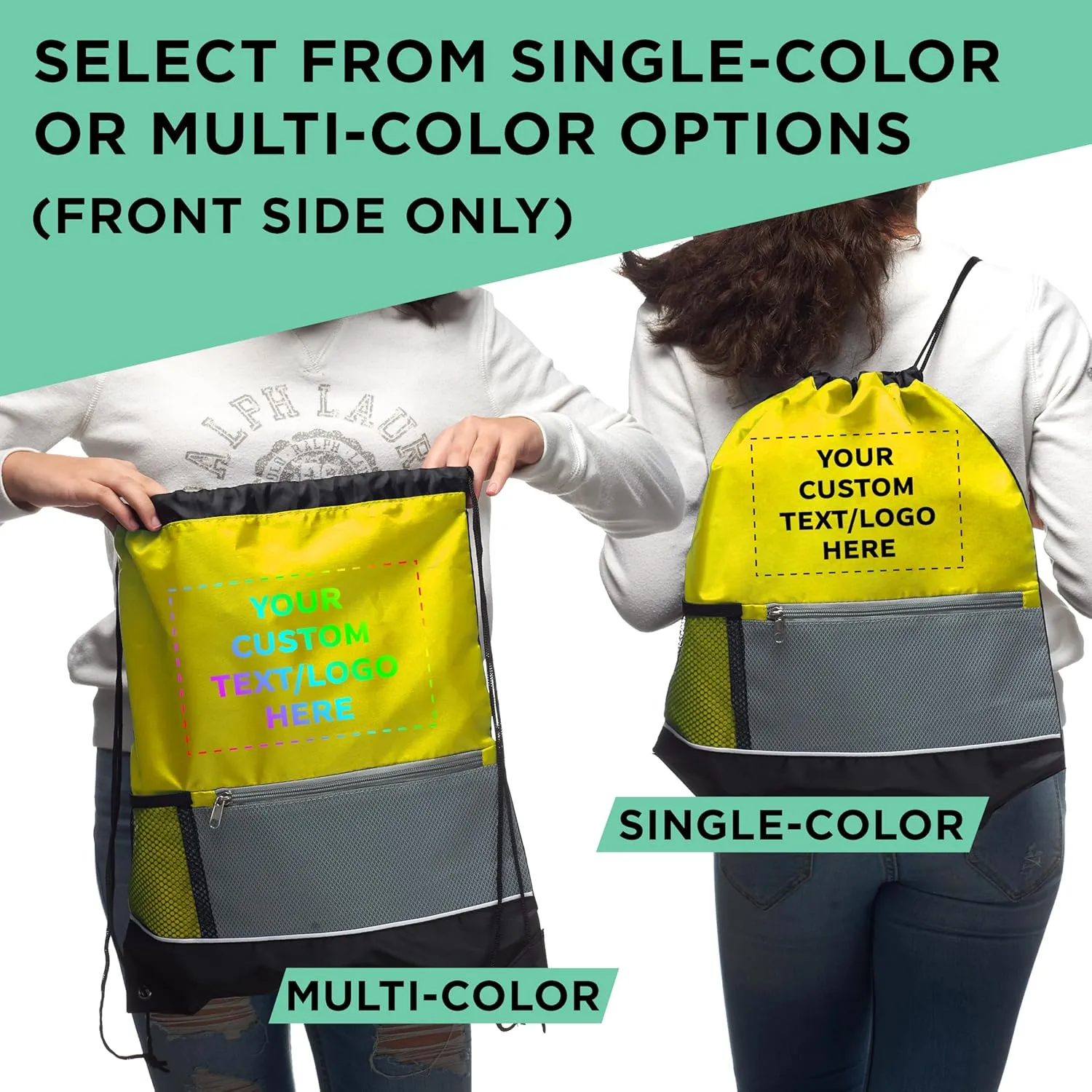 DISCOUNT PROMOS Custom Front Pocket Drawstring Backpacks Set of 10, Personalized Bulk Pack - Reusable Bags, Lightweight Backpacks, Sports Drawstring Bags, Promotional Drawstring Bags - Yellow