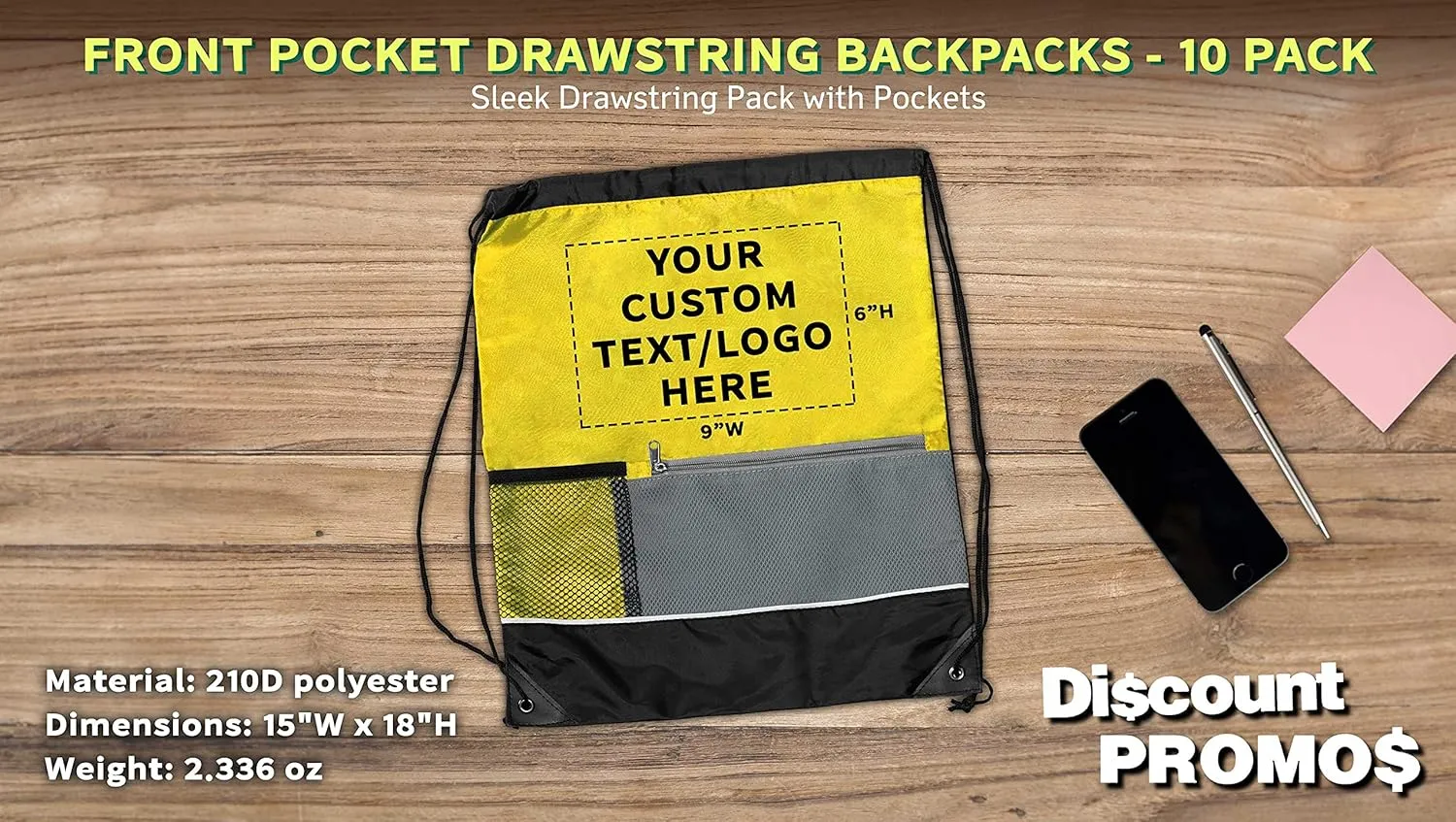DISCOUNT PROMOS Custom Front Pocket Drawstring Backpacks Set of 10, Personalized Bulk Pack - Reusable Bags, Lightweight Backpacks, Sports Drawstring Bags, Promotional Drawstring Bags - Yellow