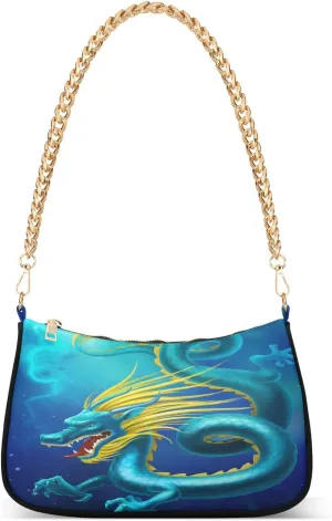 Dragon Shoulder Handbags for Women Travel Hobo Tote Handbag Women Gold Chain Shoulder Bags Purse with Zipper Closure