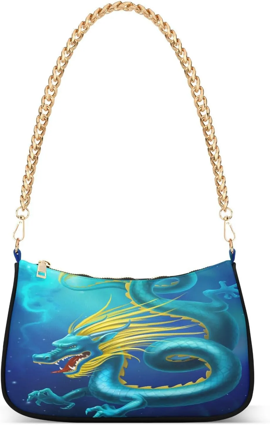 Dragon Shoulder Handbags for Women Travel Hobo Tote Handbag Women Gold Chain Shoulder Bags Purse with Zipper Closure