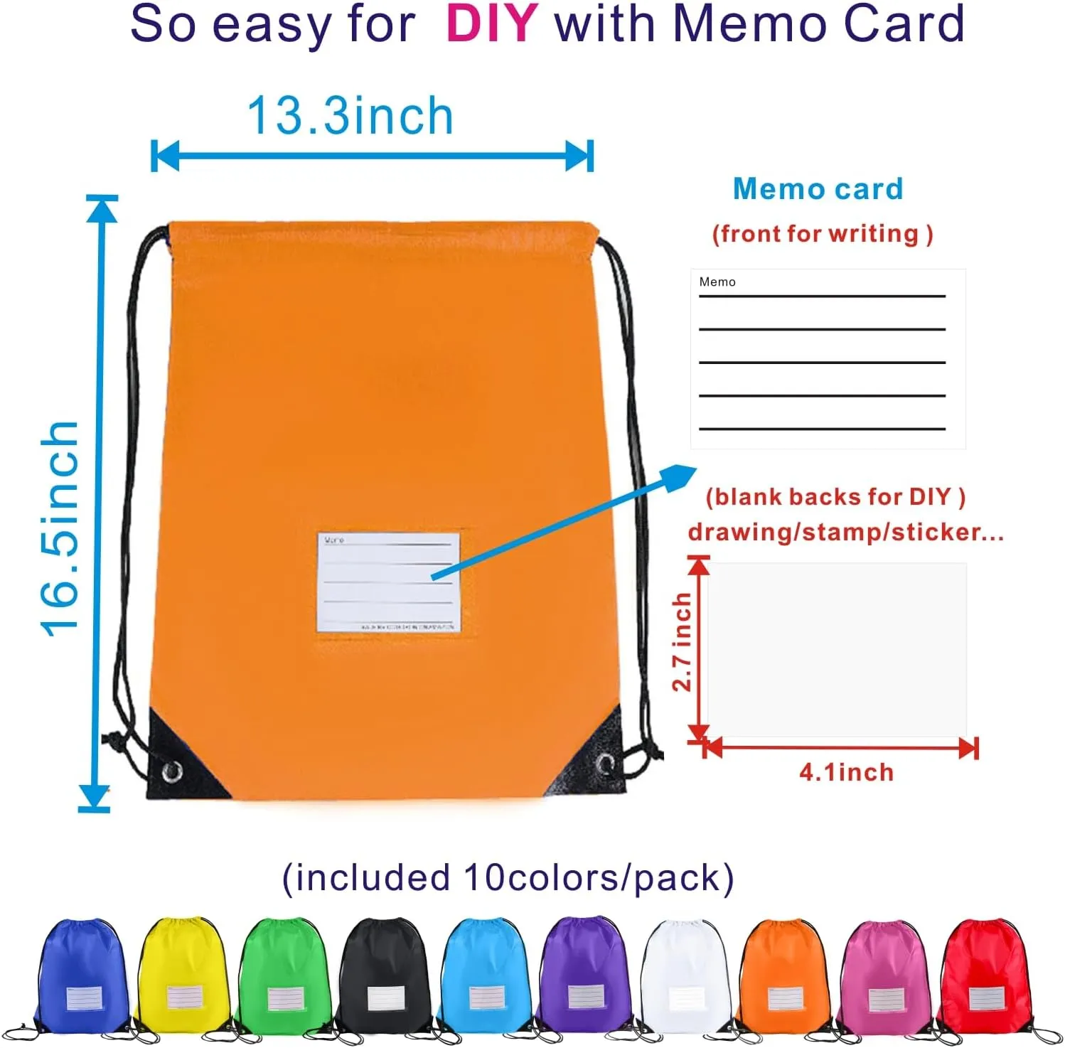 Drawstring Backpack Bulk 20Pcs Draw String Bags DIY Gym Sports Traveling Yoga Cinch Bag Sackpack Drawstring Memo Card (mul color)