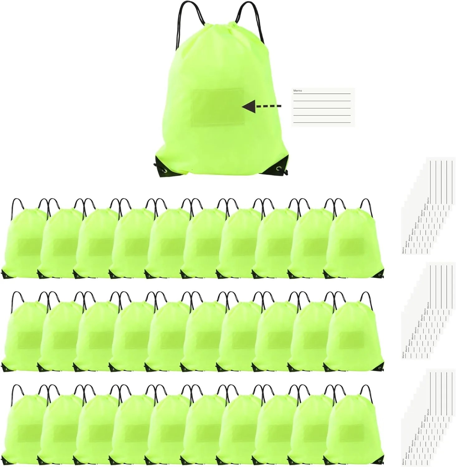 Drawstring Backpack Bulk 30 Packs Draw String Bags for Gym Sports Trip Pedestrianism Cinch Sack DIY for Women Men with Memo Card(fluorescence green)