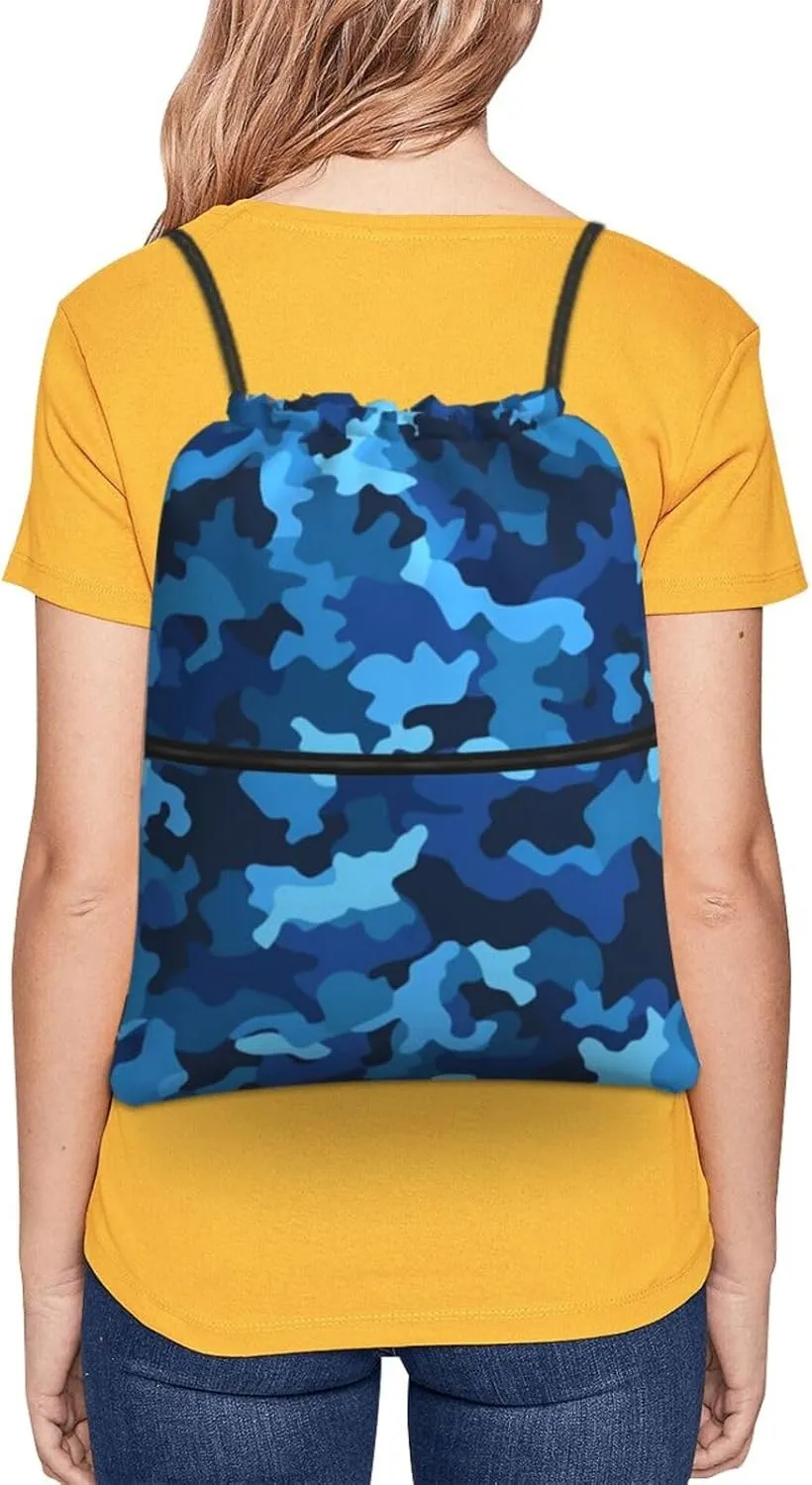 Drawstring Backpack Sports Gym Bags Blue Camo Drawstring Bags for Men Women Beach Bag String Bag