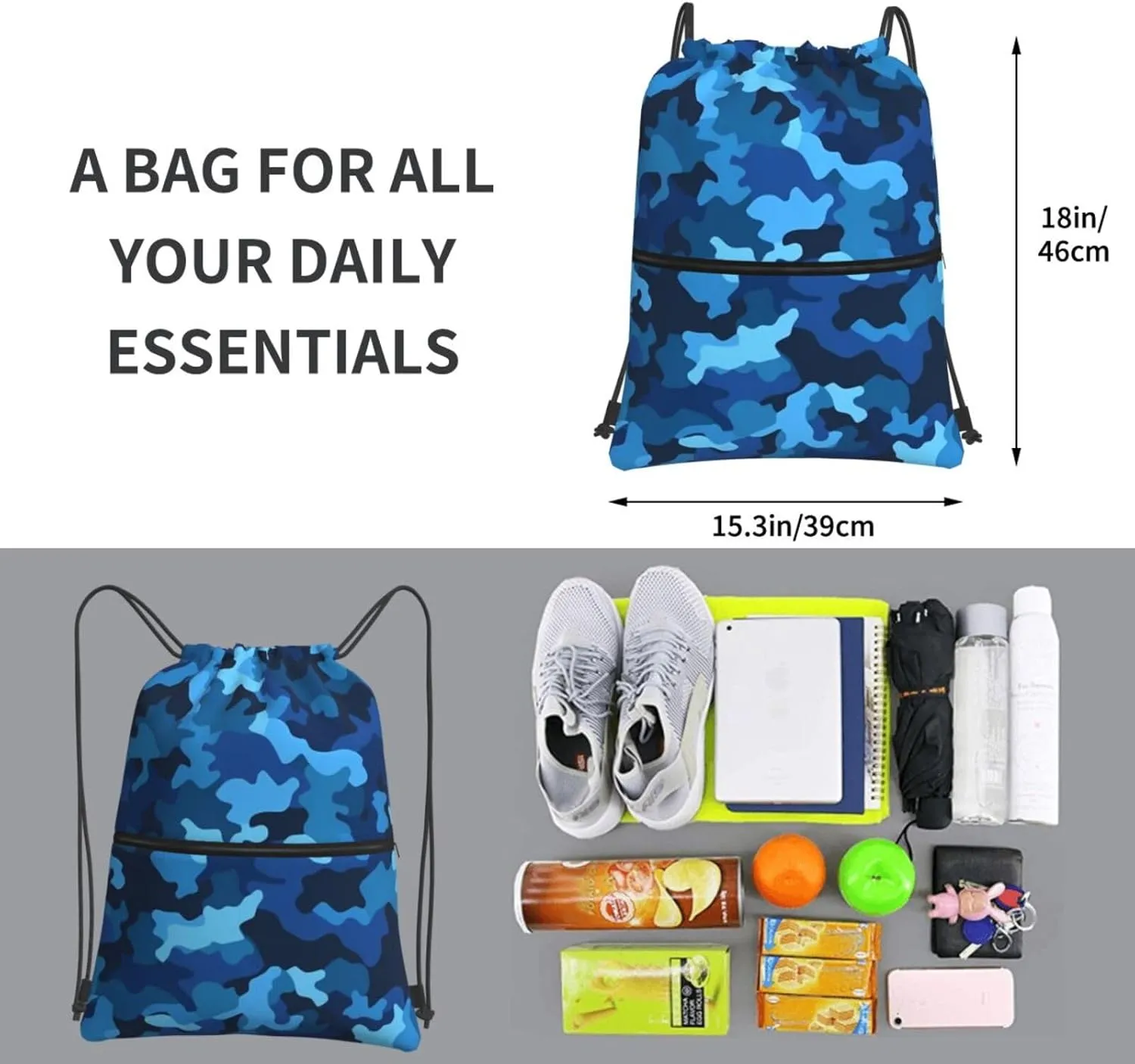 Drawstring Backpack Sports Gym Bags Blue Camo Drawstring Bags for Men Women Beach Bag String Bag