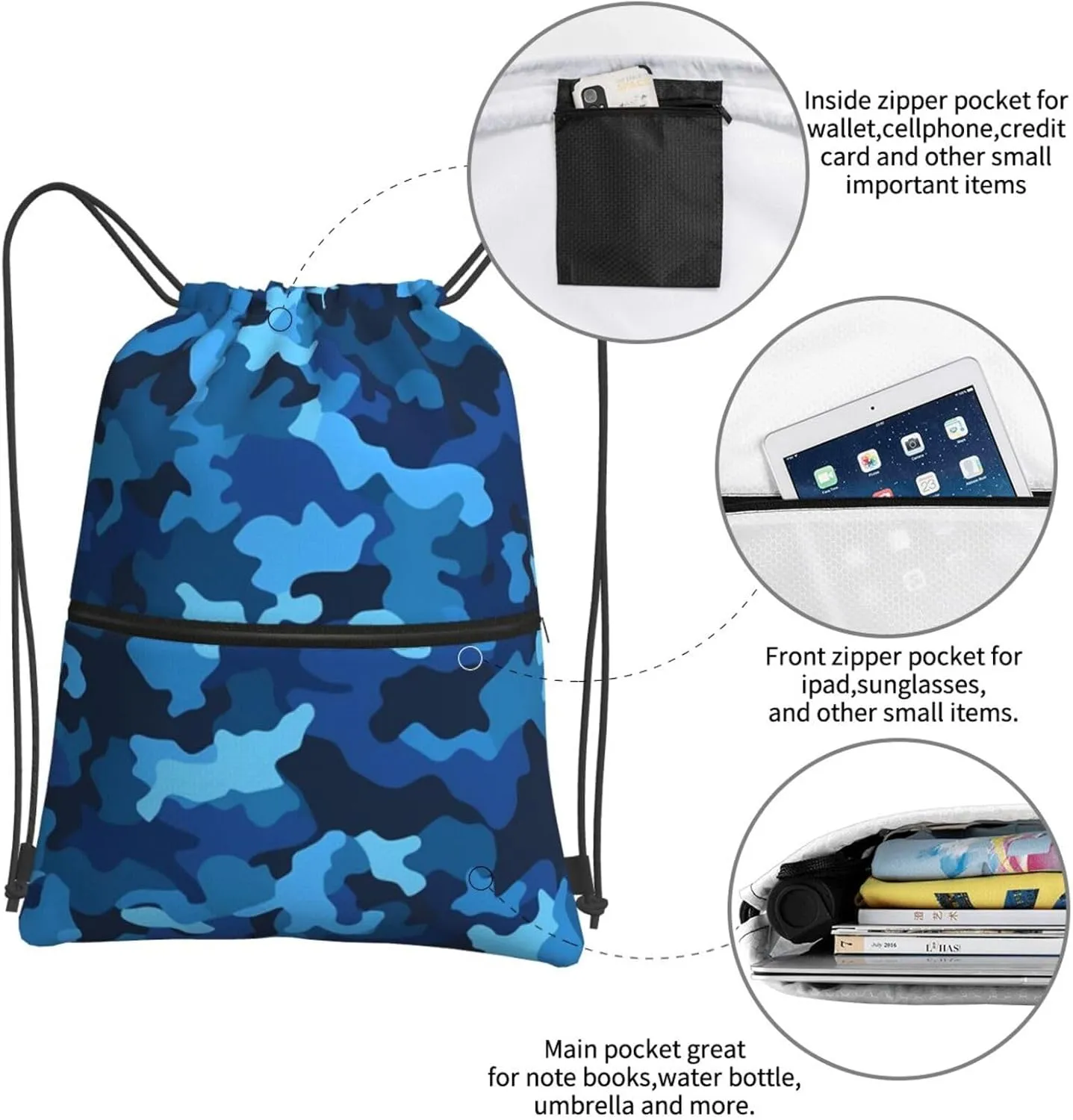 Drawstring Backpack Sports Gym Bags Blue Camo Drawstring Bags for Men Women Beach Bag String Bag