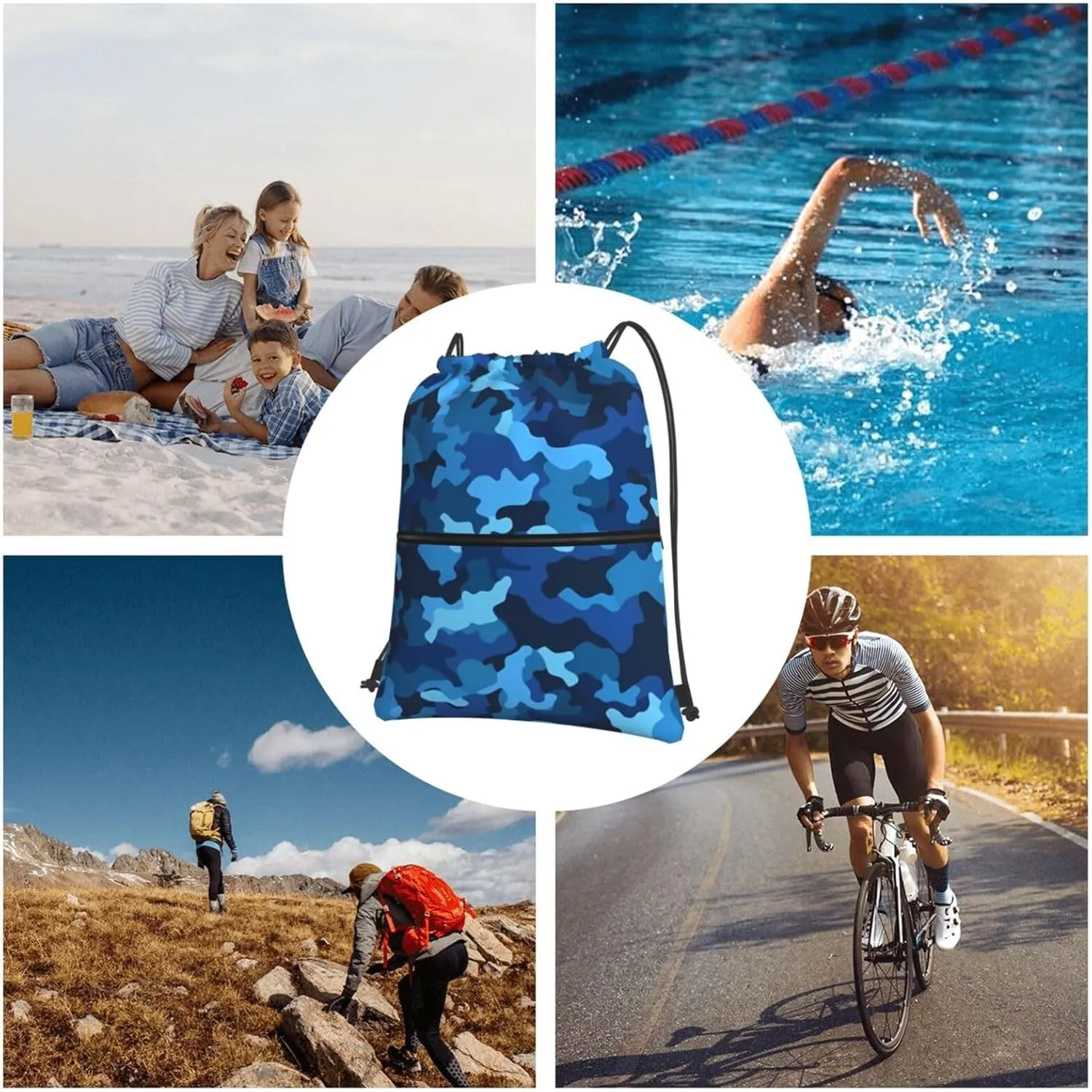 Drawstring Backpack Sports Gym Bags Blue Camo Drawstring Bags for Men Women Beach Bag String Bag