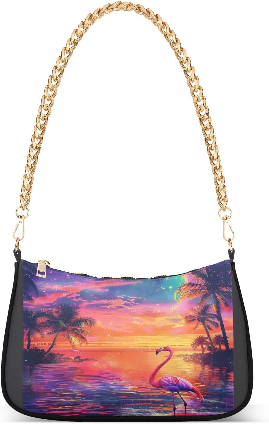 Dreamy Flamingo Shoulder Handbags for Women Travel Hobo Tote Handbag Women Gold Chain Shoulder Bags Purse with Zipper Closure