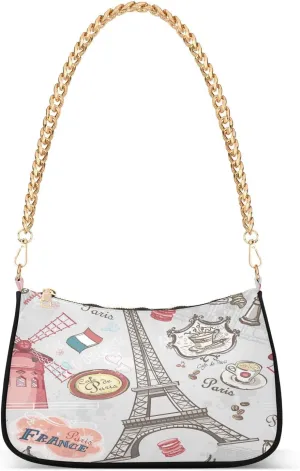 Eiffel Tower Doodle Shoulder Handbags for Women Travel Hobo Tote Handbag Women Gold Chain Shoulder Bags Purse with Zipper Closure