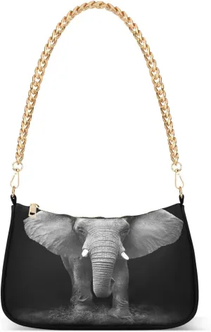Elephant Portrait Shoulder Handbags for Women Travel Hobo Tote Handbag Women Gold Chain Shoulder Bags Purse with Zipper Closure