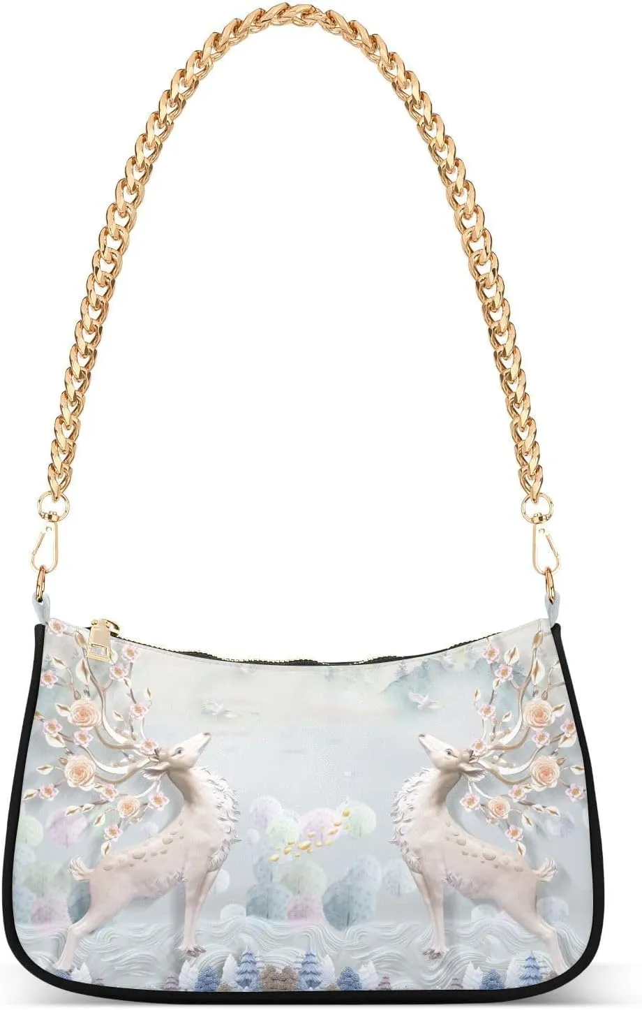 Fantastic Deer Shoulder Handbags for Women Travel Hobo Tote Handbag Women Gold Chain Shoulder Bags Purse with Zipper Closure