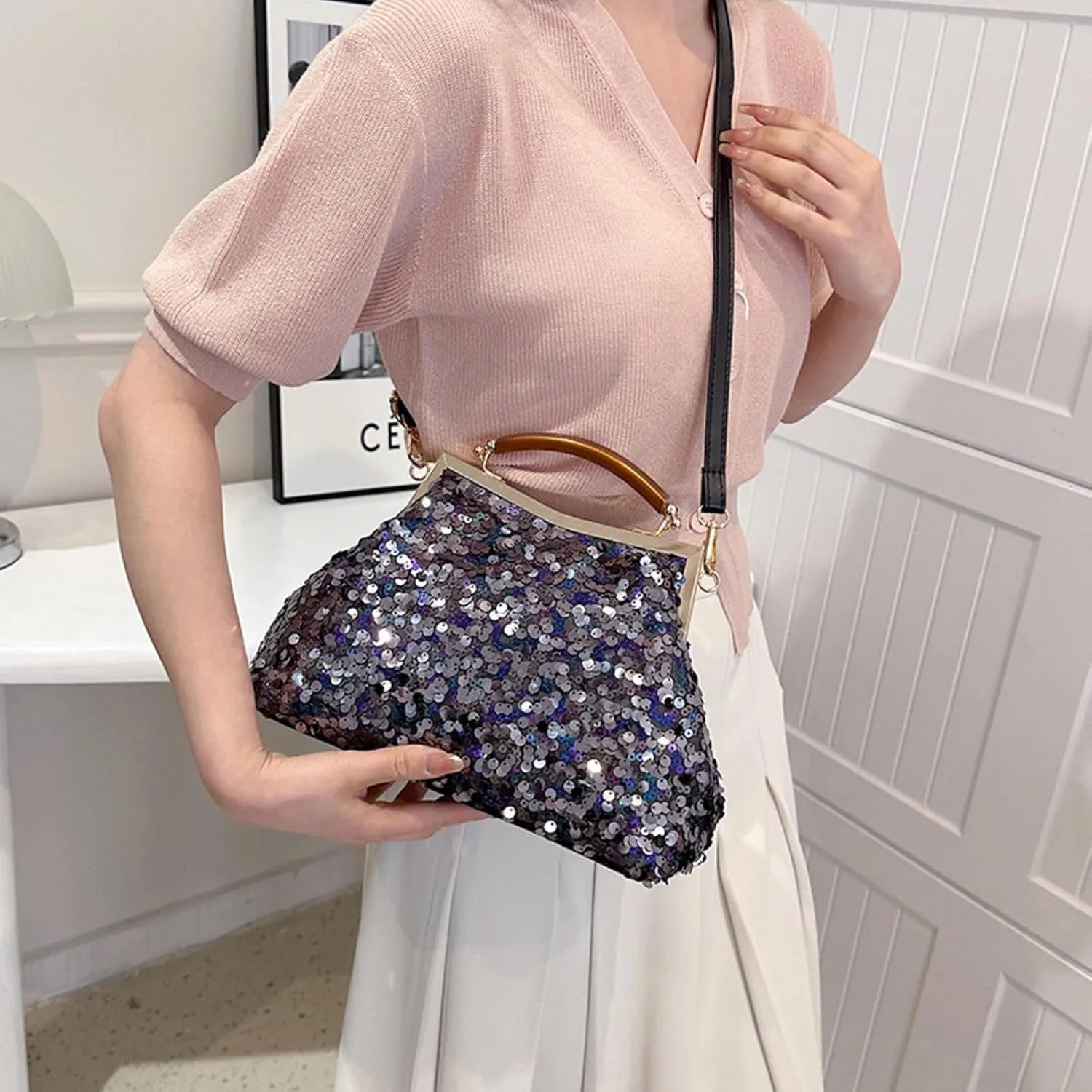 Fashion Women Evening Clutch Metal Glitter Sequin Purple Gold Chain Shoulder Bags Luxury Designer Wedding Prom Handbags