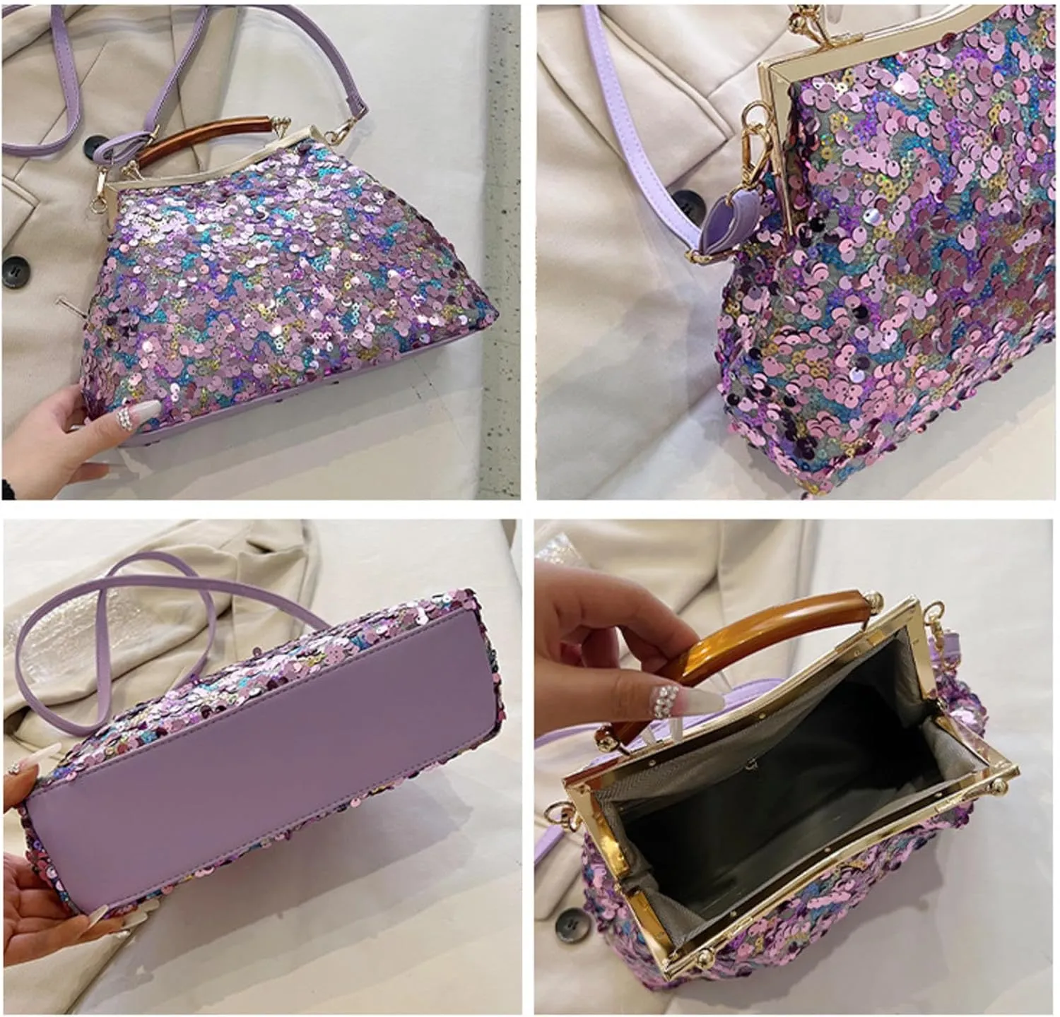 Fashion Women Evening Clutch Metal Glitter Sequin Purple Gold Chain Shoulder Bags Luxury Designer Wedding Prom Handbags
