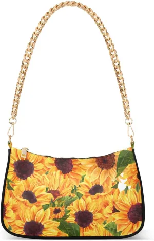 Floral Flower Sunflower Blossom Shoulder Handbags for Women Travel Hobo Tote Handbag Women Gold Chain Shoulder Bags Purse with Zipper Closure