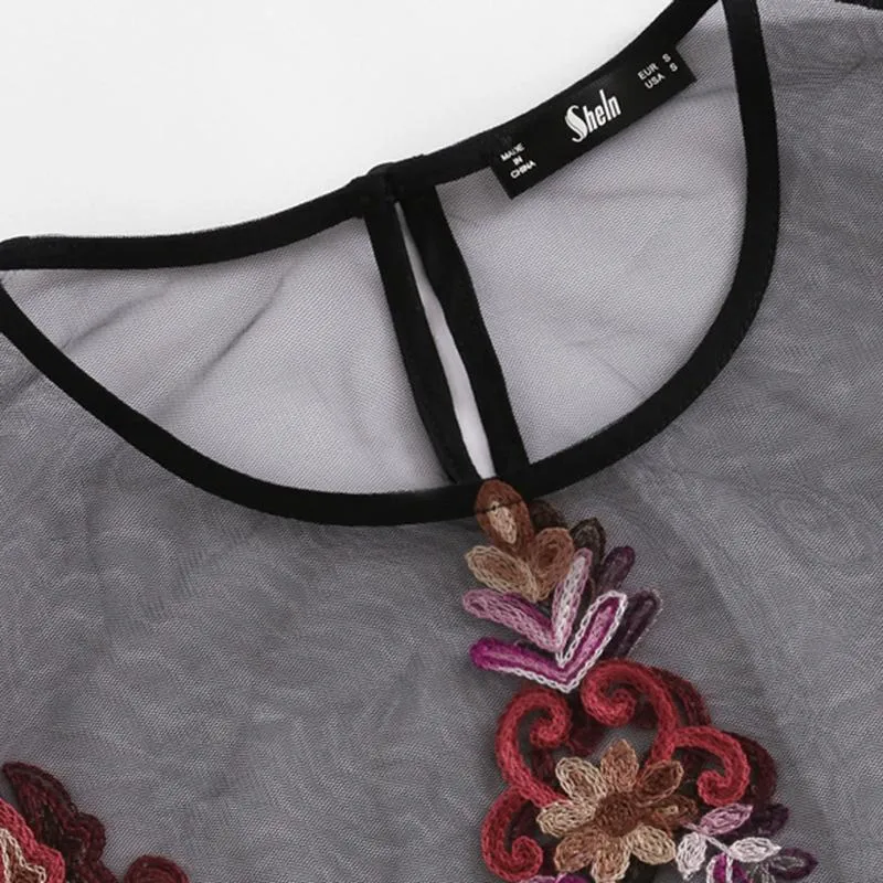 Flower Embroidery Short Sleeve Mesh Blouse